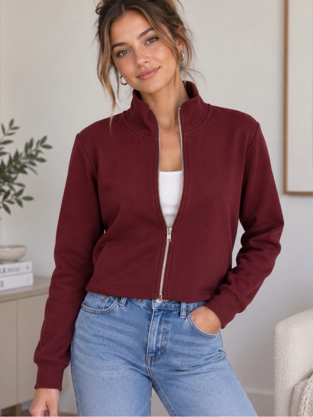 Nasty Gal Medium Burgundy Full Zip Mock Neck Jacket Cropped Minimalist Track Top